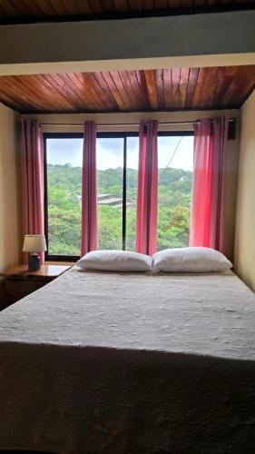 a bedroom with a large bed with a large window at Monteverde Monkey Hostel in Monteverde Costa Rica