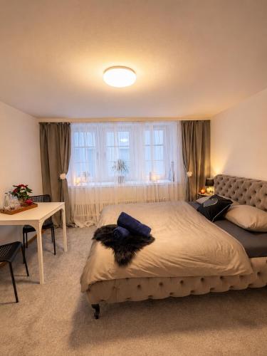 a bedroom with a bed and a table and a window at Old-Town Studios Zürich in Zurich