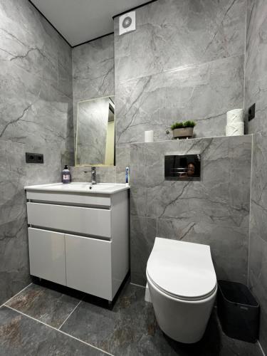 a bathroom with a white toilet and a sink at Modern Olive Home in Căuşeni