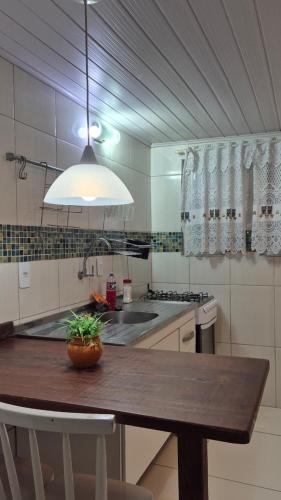 a kitchen with a table with a potted plant on it at Loft Caminho do Mar in Angra dos Reis