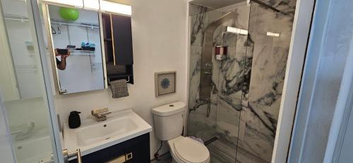 a bathroom with a shower and a toilet and a sink at Oceanfront 3-bedroom Sub-Penthouse in Luquillo PR in Luquillo