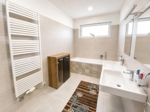 a bathroom with a sink and a tub and a mirror at Rodinný dům Řásná u Telče in Řásná