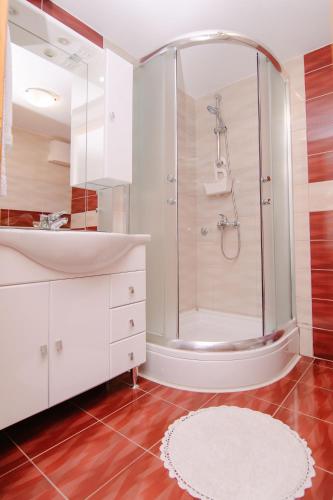 a bathroom with a shower and a sink at Soba i Apartman Đula in Ogulin