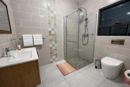 a bathroom with a shower and a toilet and a sink at Stylish Abode Guesthouse in Palatswe