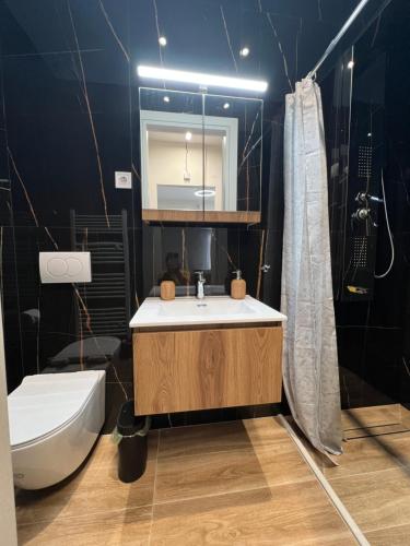 a bathroom with a sink and a toilet and a mirror at GreveLuxious in Grevena
