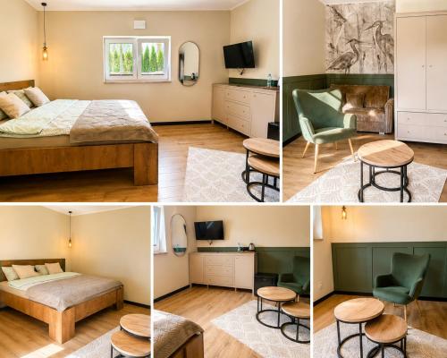 a collage of four pictures of a bedroom at Pełnia Mazur in Pasym