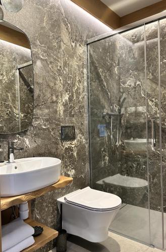 a bathroom with a sink and a toilet and a shower at Chaty Gorcovia in Nowy Targ