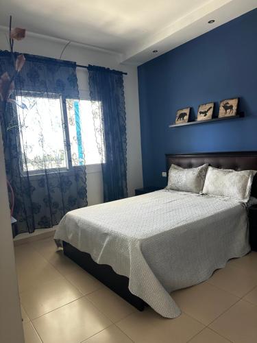 a blue bedroom with a bed and a window at Alta-Home cabo in Cabo Negro