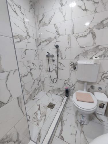 a white bathroom with a toilet and a shower at Porto Apartmani in Zvornik