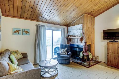 a living room with a couch and a television at Driftwood Villa - 237 in Edisto Beach