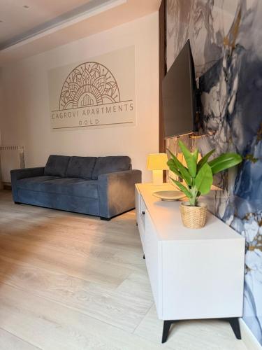 a living room with a couch and a tv at Cagrovi Apartments in Casoria
