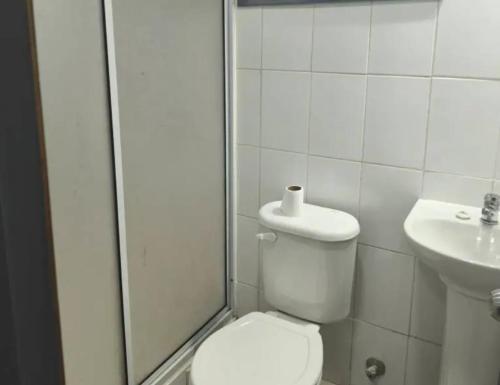 a bathroom with a shower and a toilet and a sink at Hospedaje marylin in La Serena