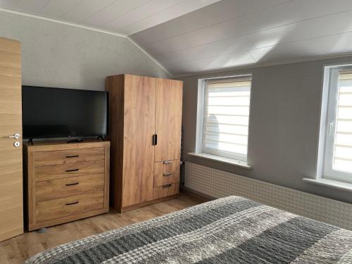 a bedroom with a television and a wooden dresser at Nina in Bad Wildungen