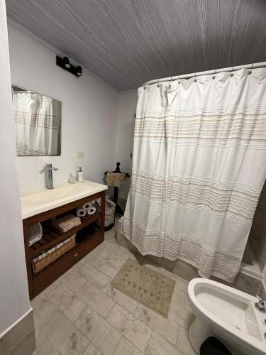a bathroom with a shower curtain and a sink at Quinta La llama violeta in Campana