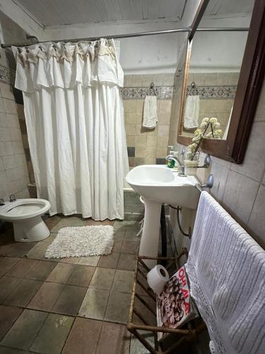 a bathroom with a sink and a toilet and a mirror at Doña Sara in Gualeguay