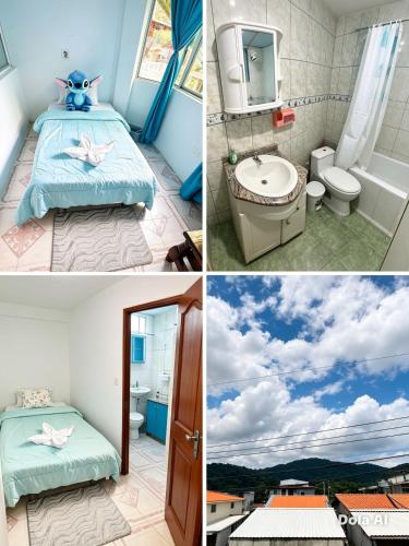a collage of four pictures of a bedroom at Hostal El Viajero-Mindo in Mindo