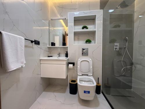 a bathroom with a toilet and a sink and a shower at LA VILLA Appart in Al Hoceïma