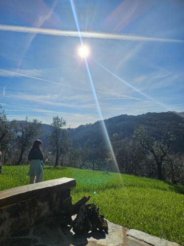 a woman standing on a bench in a field at Casa dos Pobres in Castro Daire