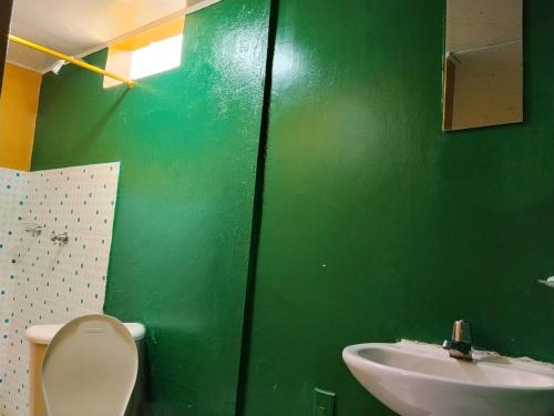 a green bathroom with a toilet and a sink at Hospedaje Mundial in Villeta