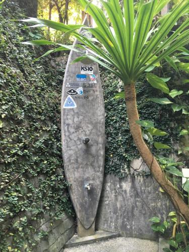 a surfboard leaning against a wall next to a palm tree at Baan Andaman Sea Surf in Patong Beach