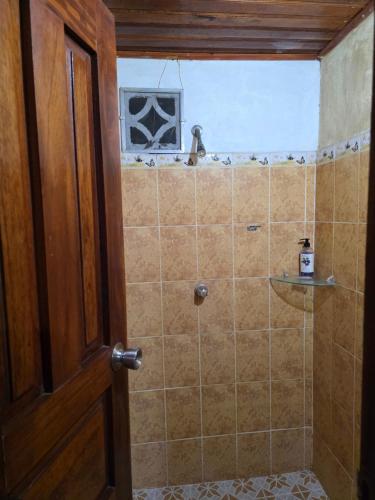a bathroom with a shower with a tiled wall at La casa de Juana in Las Tablas