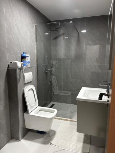 a bathroom with a shower and a toilet and a sink at Apartmani B&A in Ulcinj