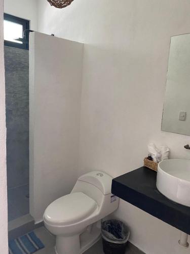 a bathroom with a white toilet and a sink at Casa Baloo in El Cuyo