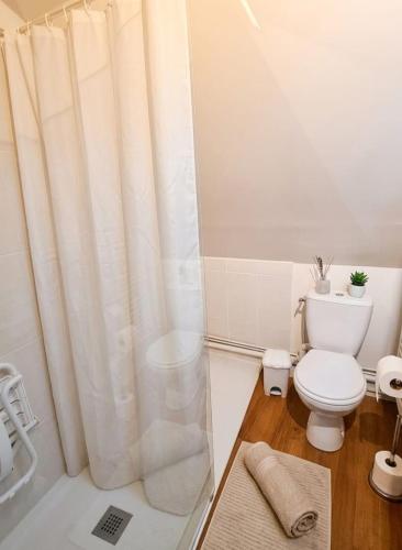 a bathroom with a white shower curtain and a toilet at L'Insolite in Bourges