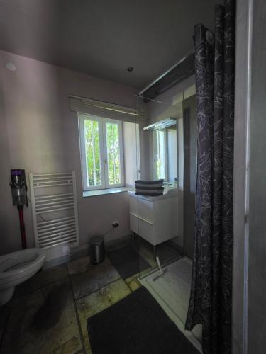 a bathroom with a toilet and a window at Gîte L' authentique in Saint-Germain-des-Bois