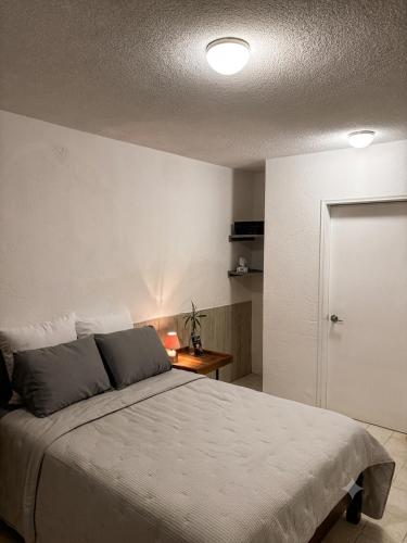 a bedroom with a bed and a white wall at Casa Cantera in Tequisquiapan