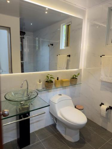 a bathroom with a toilet and a glass sink at Morada Silvestre in La Peña