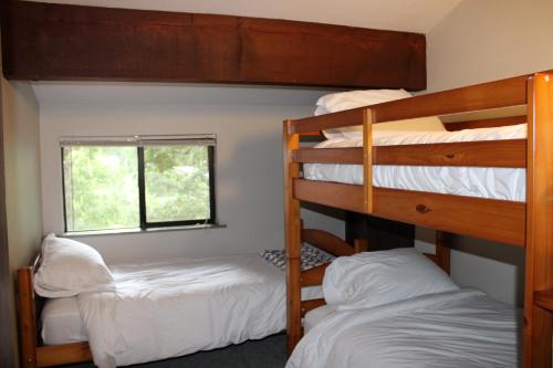 two bunk beds in a room with a window at Tall Timber in Packwood