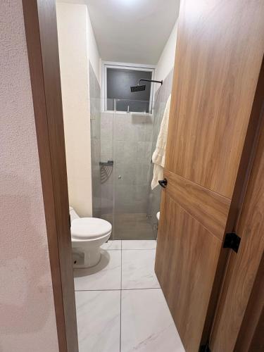 a bathroom with a toilet and a glass door at The Hilltop Apartment in Guadalajara