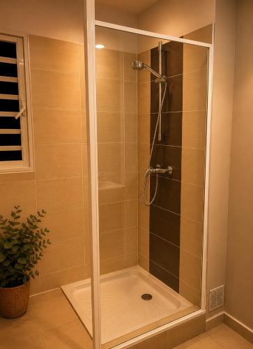 a shower with a glass door in a bathroom at Le Nid de Magenta by Gérald Appartement Premium Magenta Terrasse Parking in Noumea