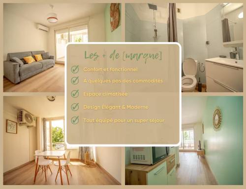 a collage of photos of a kitchen and a living room at studio cosy - champ fleuri in Sainte-Clotilde