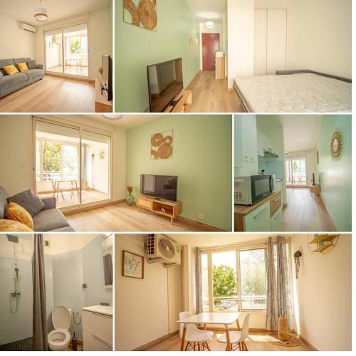 a collage of four pictures of a living room and a kitchen at studio cosy - champ fleuri in Sainte-Clotilde