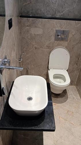 a bathroom with a white sink and a toilet at Hotel Radian INN in Gorakhpur