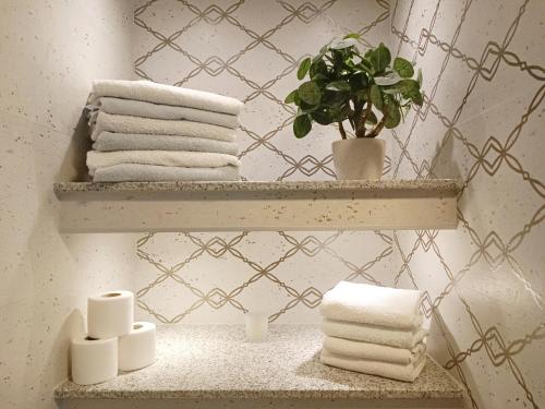 a bathroom with a shelf with towels and a plant at Apartments F&A in Split