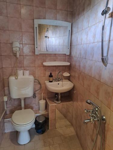 a bathroom with a toilet and a sink at Карагьозовата Къща - цяла къща - 6 големи спални, 6 бани и отделна механа in Koprivshtitsa