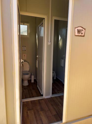 a bathroom with a toilet and a glass door at Wild Cretan West in Drakiana