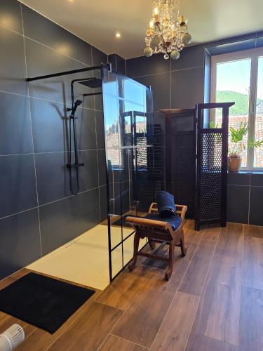 a room with a shower with a bench and a chandelier at Villa Amarinis in Saint-Amarin