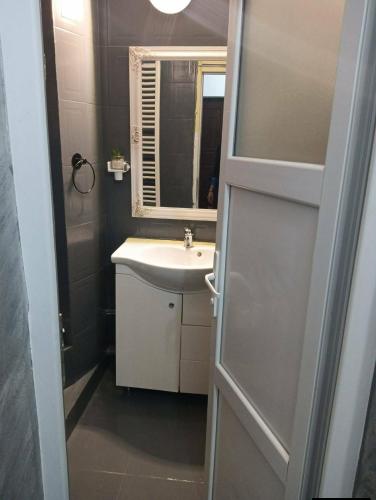 a bathroom with a sink and a mirror at Acasă la Cutuca in Ranca