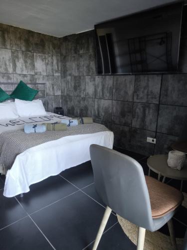 a bedroom with a bed and a chair in it at Pinar Suites Habitaciones in Torremolinos