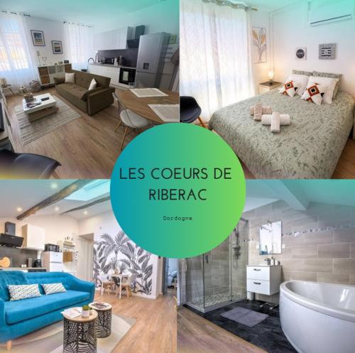 a collage of pictures of a living room and a bedroom at Les Cœurs de Ribérac - Hyper centre - Climatisation - Wi-Fi in Ribérac