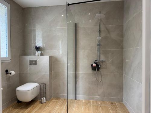 a shower with a glass door in a bathroom at Gite du haras in Erbrée