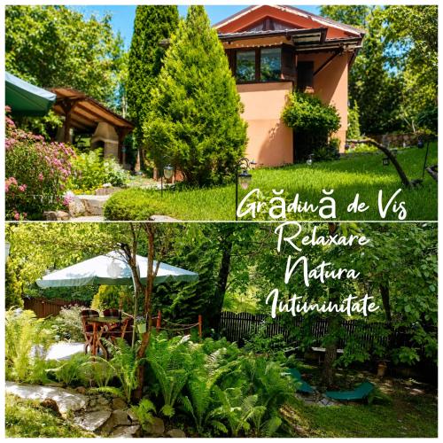 zwei Bilder von einem Garten und einem Haus in der Unterkunft La Cascade - Casa de vacanta in Fîntînele