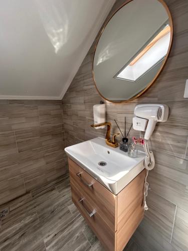 a bathroom with a sink and a mirror at La SOFIIA in Săpânța