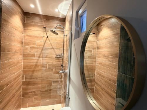 a bathroom with a shower and a mirror at Casa Alba - Tasnad in Tăşnad