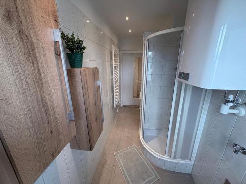 a bathroom with a shower and a toilet and a sink at Tom s Apartment II in Knittelfeld