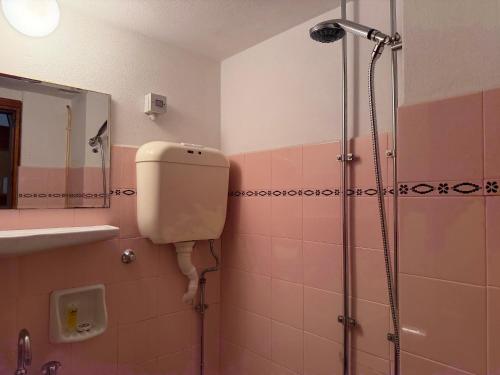 a bathroom with a shower with pink tiles at Kythereia Hotel in Agia Pelagia
